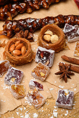 Sweet food Turkish delight on wooden background, assorted locum and candy for decorated backdrop