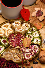 Sweet food Turkish delight on wooden background, assorted locum and candy for decorated backdrop