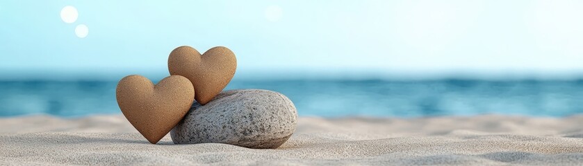 Fototapeta premium Two Heart-Shaped Stones Resting on a Smooth Rock Beside Calm Blue Ocean Waves on Sandy Beach