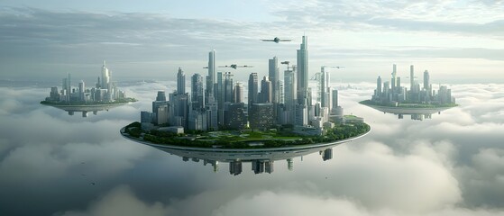 Fototapeta premium Breathtaking vision of a heavenly floating city with futuristic skyscrapers lush green parks and soft clouds illuminated by sunlight streaming through a dreamy ethereal sky a fantastical