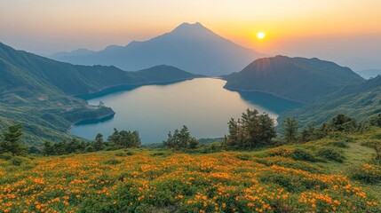 Stunning Sunset View over a Serene Mountain Lake and Flower Field