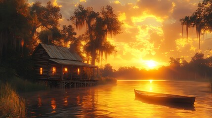 Fototapeta premium Sunset Bayou Cabin, Riverboat, Swamp, Golden Hour, Peaceful Scene