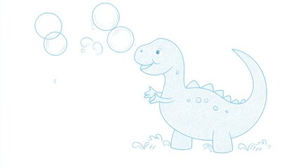 Naklejka premium Cute Cartoon Dinosaur Blowing Bubbles in a Light Blue Setting