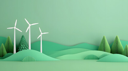 Eco-friendly wind turbines and lush green landscapes nature scene digital art serene environment aerial view sustainability concept
