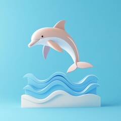 Obraz premium A playful dolphin leaps above stylized waves against a serene blue background, capturing a sense of joy and ocean life.