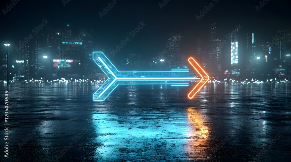 Poster glowing beam illuminated arrow against pure black background conveying a futuristic and fast paced g