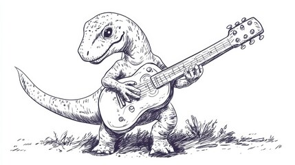 Cartoon Dinosaur Playing Guitar in a Fun and Quirky Style