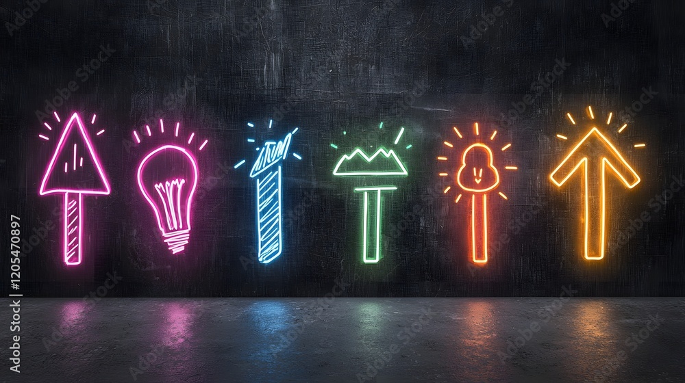 Poster Radiant light arrow pointing upward and glowing with vibrant bright colors symbolizing velocity and dynamic energy against a sleek black canvas backdrop