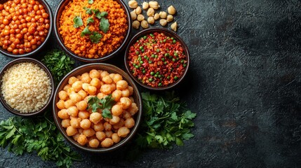 Assorted colorful spices in bowls on a dark surface