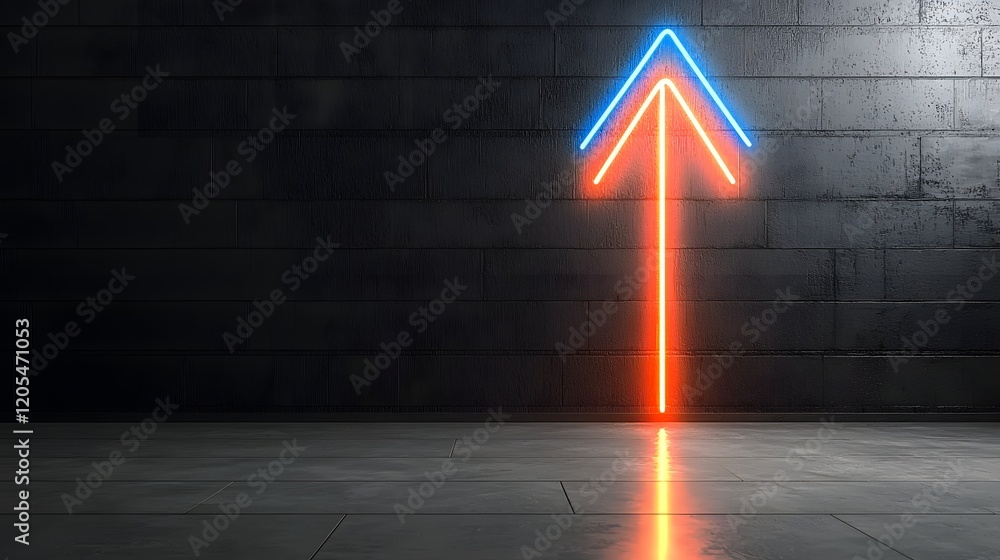 Poster Vibrant radiant light arrow pointing upward against a dark background glowing with bright iridescent colors and symbolizing velocity energy and dynamic movement