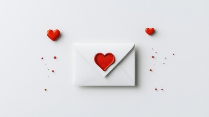White Envelope with Heart Shape and Red Hearts on a Clean Background for Valentine's Day Theme