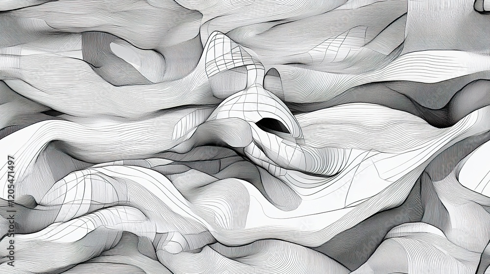 Poster abstract grayscale image of flowing lines and curves
