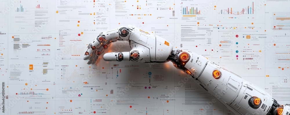 Poster futuristic robotic hand analyzing data and graphs on screen