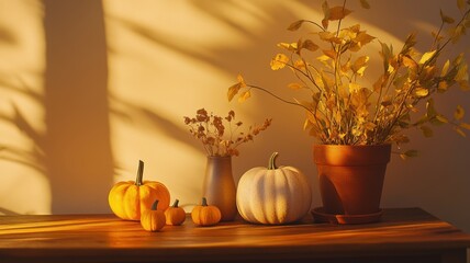 Cozy autumn scene with pumpkins and foliage for seasonal decor inspiration. Wooden coffee table with houseplant