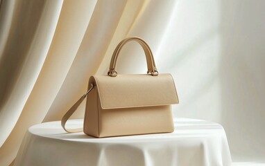 Classic minimalist handbag in a sand beige tone placed on a crisp white backdrop