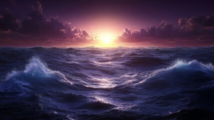 Fototapeta premium Majestic Ocean Sunset: Dramatic Waves and Vibrant Sky