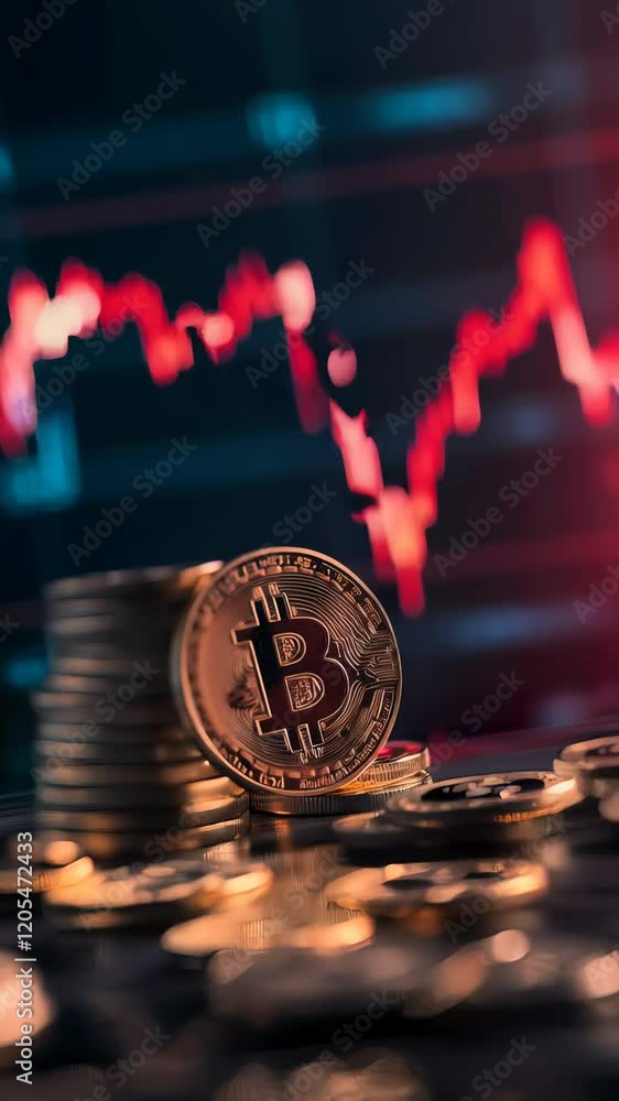 Aufkleber bitcoin cryptocurrency coins stacked on a reflective surface with a red graph indicating a falling m