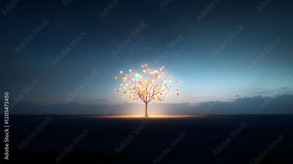 Poster A glowing tree with multicolored leaves floating in a starry night sky symbolizing the limitless power of imagination and the beauty of the natural world