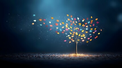 Glowing ethereal tree with multicolored floating leaves set against a starry night sky symbolizing the boundless creativity and imagination