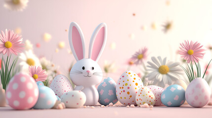 A charming Easter-themed illustration featuring colorful eggs with bunny ears, surrounded by a cheerful rabbit character and spring flowers. The composition has a soft pastel color palette, exuding w