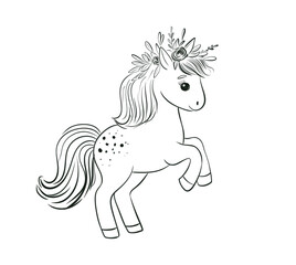 Cute Hand-Drawn Pony Illustration with Flower Decoration in Black and White Style. Line Art Drawing for Coloring and Kids' Creative Activities