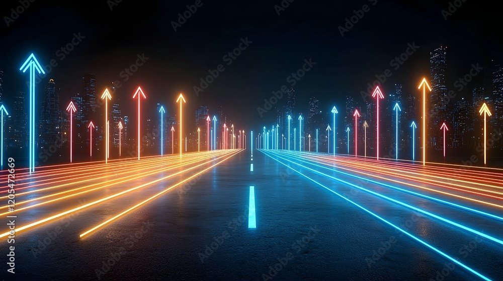 Poster Powerful glowing arrows of colorful light beams surging upward through a sleek dark and modern digital backdrop creating a dynamic and futuristic visual