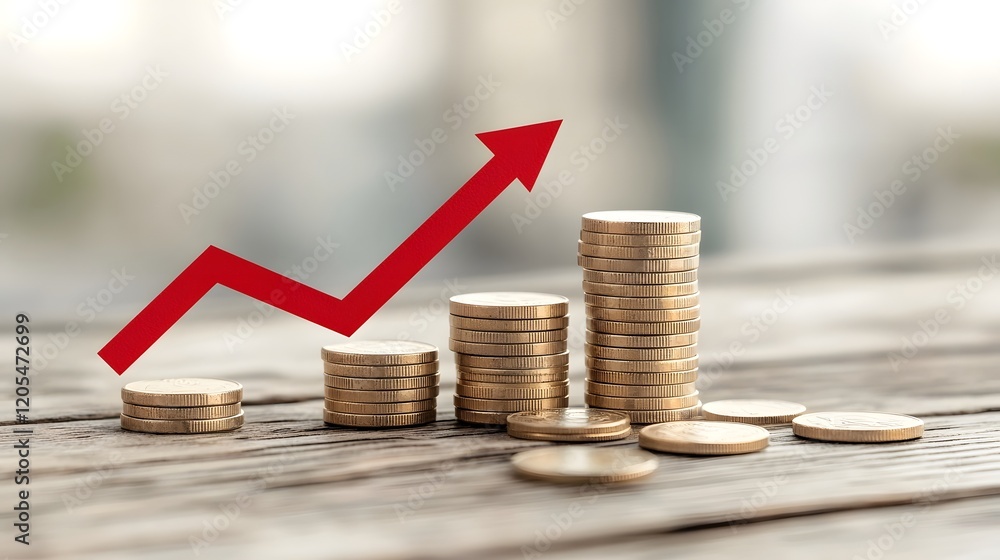 Fototapete stacks of coins with a red downward arrow illustrating the effect of falling interest rates on savin