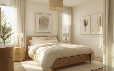 Fototapeta premium Chic Scandinavian-style bedroom with a light oak bed, round wooden nightstands, soft cream bedding, and subtle decor accents