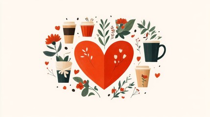 A minimalistic illustration featuring a large heart surrounded by coffee cups, flowers, and decorative elements