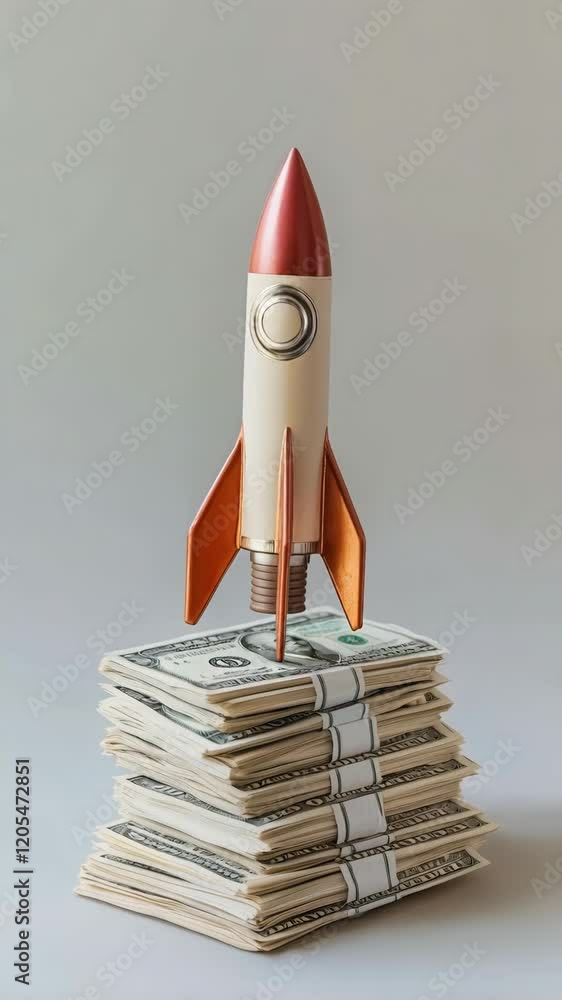 Poster miniature rocket taking off from a large stack of dollar bills representing successful investment, f