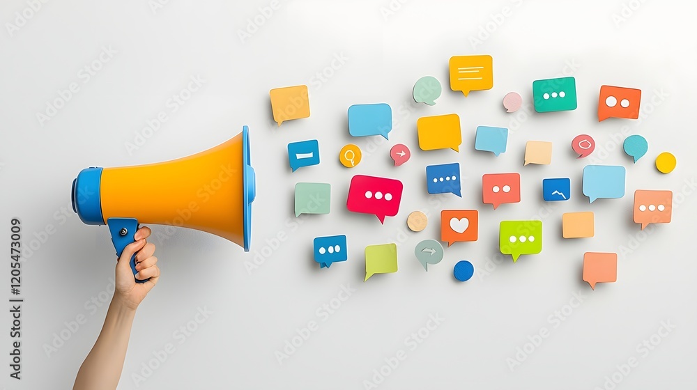 Aufkleber abstract of a modern megaphone emitting a range of colorful speech bubbles against a clean gradient 