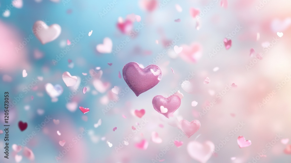Poster abstract romantic background with floating hearts and colorful bokeh