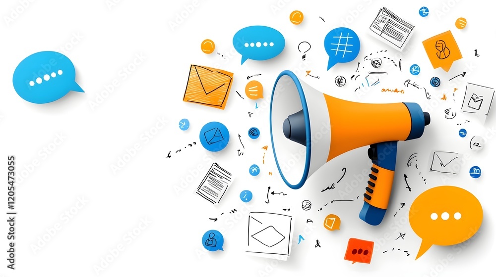 Poster of a bold and colorful megaphone surrounded by floating speech bubbles against a clean white background symbolizing innovative marketing strategies digital advertising