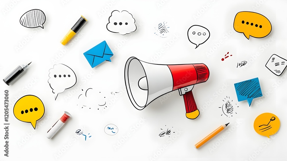 Aufkleber bold and colorful megaphone surrounded by floating speech bubbles on a clean white background repres