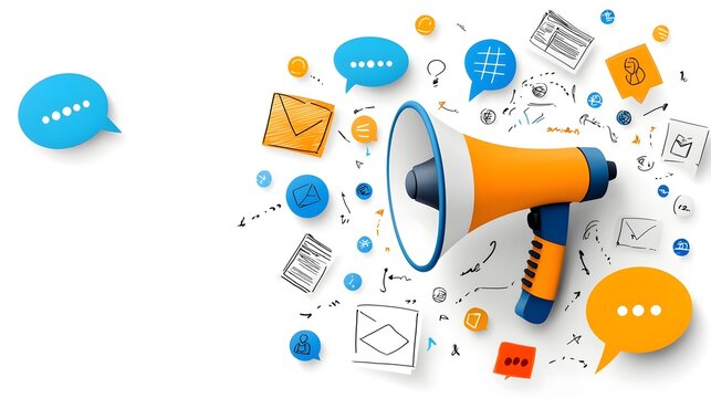 of a bold and colorful megaphone surrounded by floating speech bubbles against a clean white background symbolizing innovative marketing strategies digital advertising