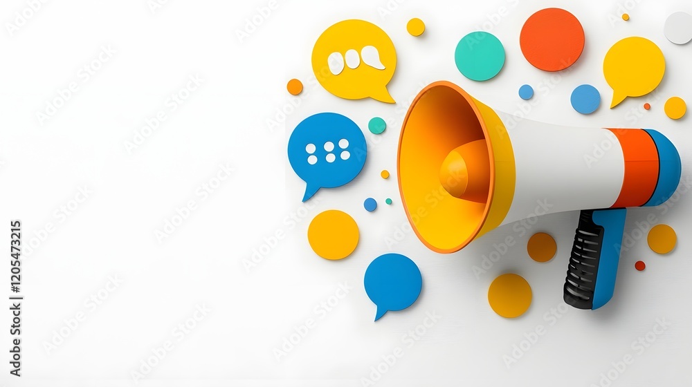 Poster Vibrant and Bold Colorful Megaphone with Floating Speech Bubbles on Clean White Gradient Background Representing Advertising Messaging and Communication Themes in a Modern Design