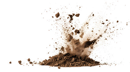 Dry soil realistic explosion side view Isolated on white background