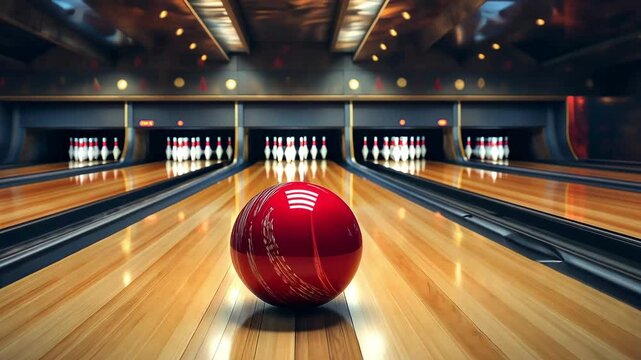 Bowling balls hitting the pins on wooden lane, Bowling action	
