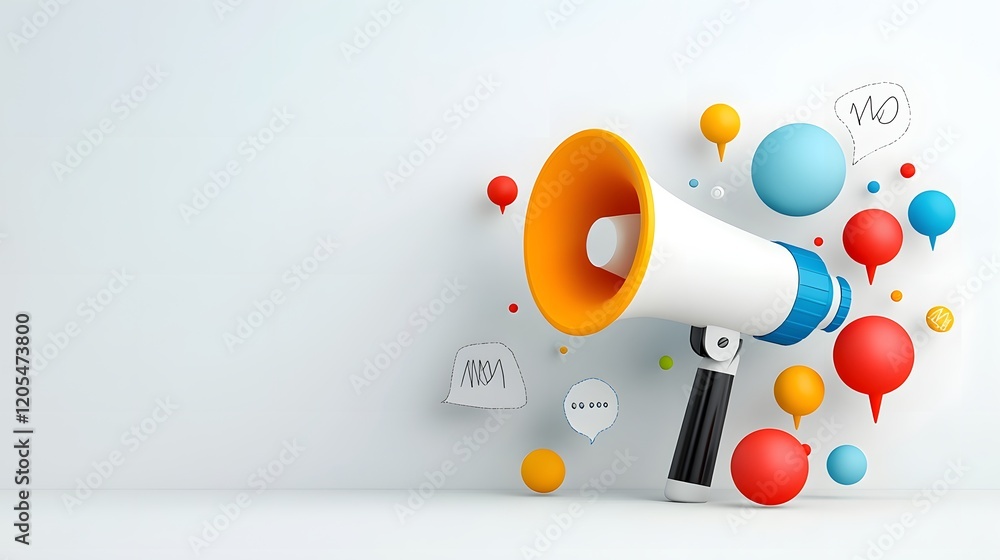 Poster vibrant multicolored megaphone with abstract speech bubbles floating on a clean dynamic and minimali