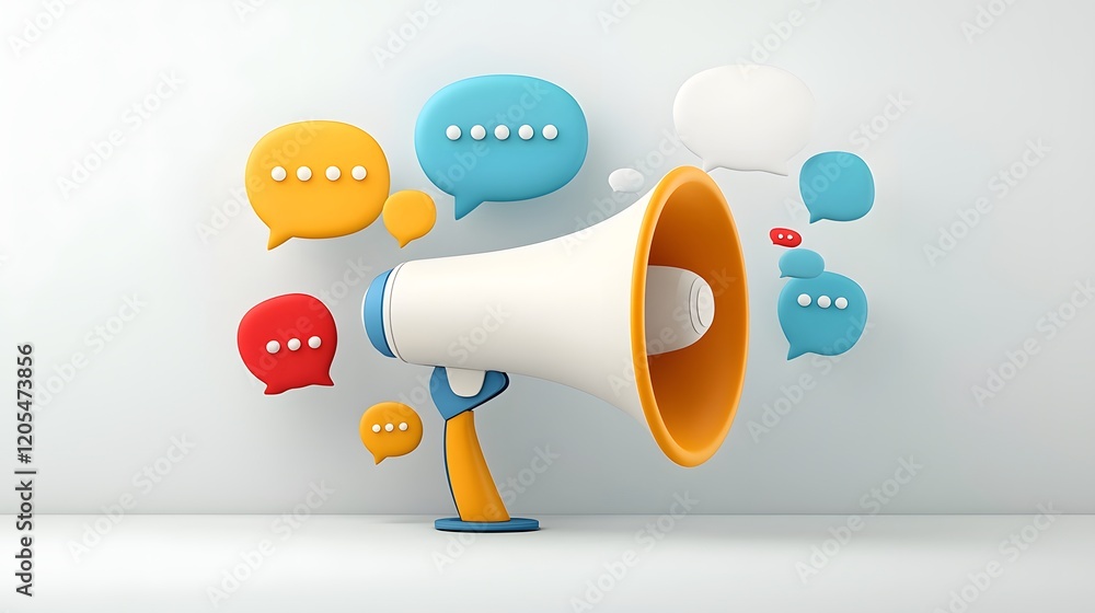 Aufkleber stylized megaphone emitting vibrant multicolored speech bubbles on a clean neutral background convey