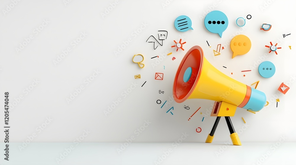 Leinwandbilder vibrant and creative megaphone icon with bold floating speech bubbles on a clean white gradient back