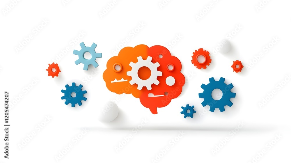 Poster Brightly colored gears and cogs interlocking to form the shape of a human brain representing the creative machinery innovative thinking and business solutions that drive progress and success