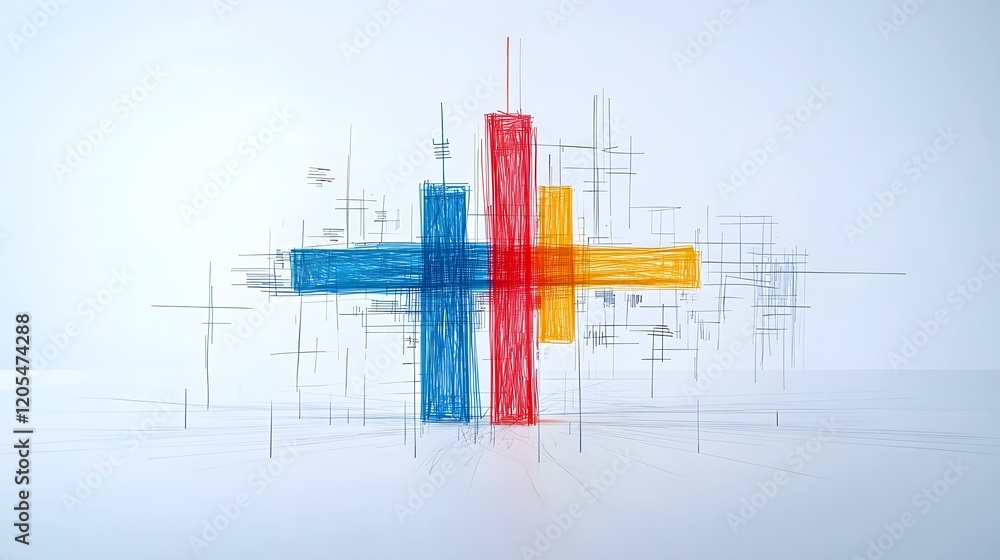 Poster Colorful abstract digital data streams and hand drawn elements on a transparent screen