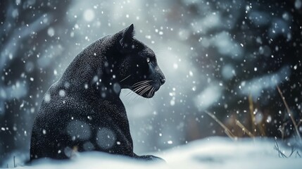 A black panther sits gracefully in a snowy landscape, surrounded by falling snowflakes.