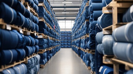 Rolls of denim fabric neatly stacked in a textile warehouse