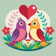 Romantic Love Birds Illustration - Cute Valentine’s Day Clipart with Hearts & Leaves