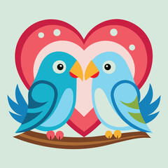 Romantic Love Birds Illustration - Cute Valentine’s Day Clipart with Hearts & Leaves