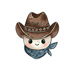 Cute Baby Cowboy Character Watercolor Illustration in Line Art Illustration with Hat and Bandana
