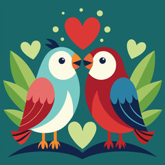 Romantic Love Birds Illustration - Cute Valentine’s Day Clipart with Hearts & Leaves