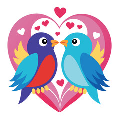 Romantic Love Birds Illustration - Cute Valentine’s Day Clipart with Hearts & Leaves
